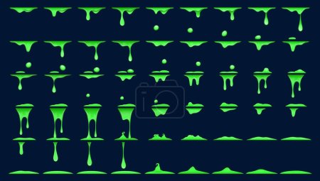 Illustration for Green slime animation. Animated sprite sheets with vector dripping green liquid, game ui. Toxic waste, poison or Halloween monster slime cartoon drops, splashes and blobs, puddles and splatters - Royalty Free Image