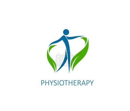 Illustration for Physiotherapy, chiropractic practice icon. Physiotherapy doctor, orthopedic rehabilitation medical center or back pain treatment vector symbol. Spine health therapist sign with human abstract figure - Royalty Free Image