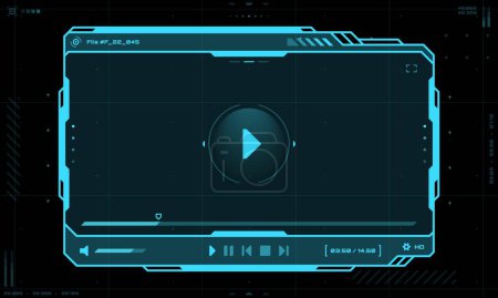 Illustration for HUD video player screen interface and UI frame, vector futuristic template for live stream play. HUD video player hologram screen with buttons overlay, web movie or online video stream window panel - Royalty Free Image