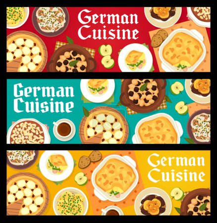 Illustration for German cuisine meals banners, food of Germany, vector dinner dishes. German cuisine food menu, apple streusel cake, beef stew schnelklops and liver with pineapple and vegetables sausage casserole - Royalty Free Image