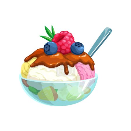 Illustration for Cartoon ice cream sundae with fruits in glass cup, vector sweet food. Summer dessert of vanilla, strawberry and mango ice cream scoops in bowl with spoon, blueberries, raspberry and chocolate toppings - Royalty Free Image