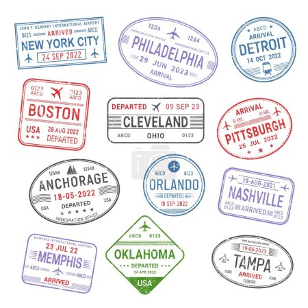 Illustration for Passport travel stamps. USA cities. United States trip, immigration visa, plane international flight vector ink label with New York, Philadelphia, Boston and Cleveland, Pittsburgh, Anchorage stamps - Royalty Free Image