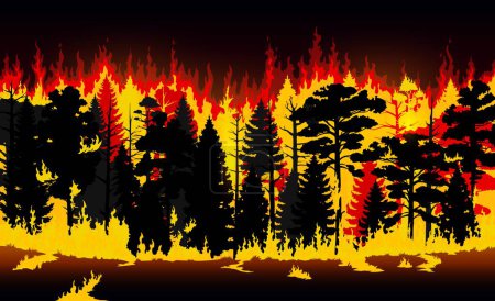 Illustration for Forest fire, burning trees and grass. Vector wildfire, cartoon natural disaster of flaming trees, plants and bushes with smoke clouds and fire flames. Wildfire background, forest fire nature landscape - Royalty Free Image