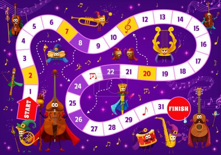 Illustration for Kids board game wizard musical instrument characters, sound waves and notes. Kid vector worksheet with guitar, saxophone, drum and vuvuzela. French horn, double bass, flute, violin, harp or tambourine - Royalty Free Image