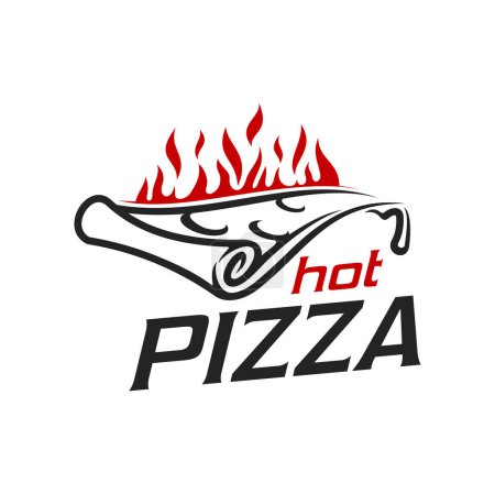 Ilustración de Icono de pizza, pizzería o restaurante italiano y placa de vector de panadería de comida rápida. Rebanada de pizza con flujo de goteo de queso en llama de fuego del horno, horno hecho a mano al horno emblema de pizza napolitana para pizzería italiana - Imagen libre de derechos