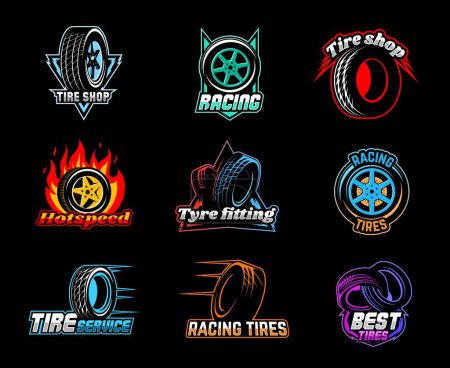 Illustration for Tire or tyre icons, auto sport and race car wheels shop, automotive service vector symbols. Tire shop or tyre fitting service, racing automobiles repair or vehicle automotive service garage signs - Royalty Free Image