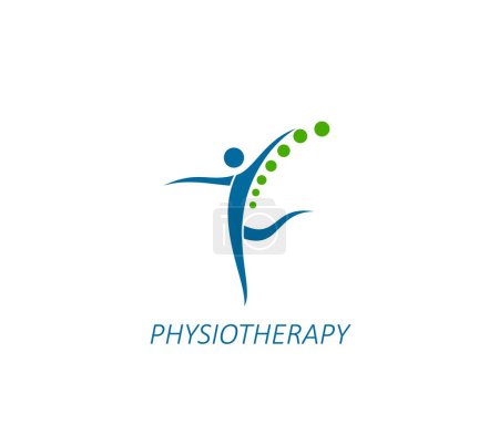 Illustration for Physiotherapy, spine pain therapy icon. Physiotherapy clinic, spine health doctor or chiropractic massage therapist vector emblem. Back pain treatment medical practice sign or symbol with human figure - Royalty Free Image