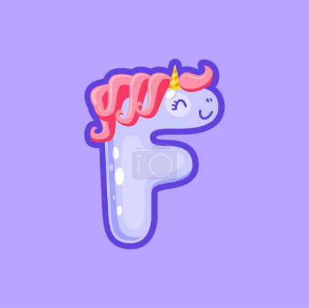 Illustration for F letter, typography typeface element isolated unicorn font alphabet sign. Vector ABC element with unicorn in pink wig, typeface magic letter - Royalty Free Image