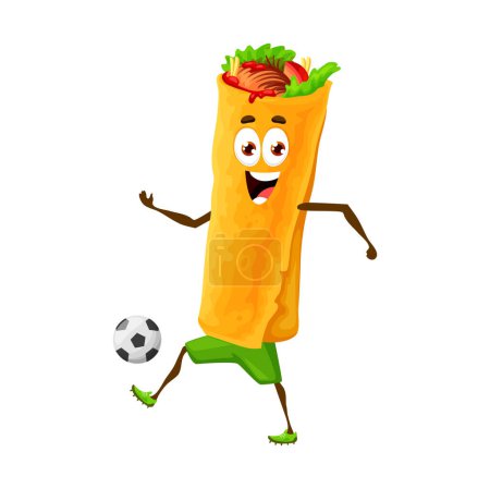 Téléchargez les illustrations : Cartoon mexicain burrito personnage jouant au football jeu de sport. Personnage vectoriel de l'emballage de sandwich tex-mex mignon ou rouleau de tortilla de restauration rapide avec viande de poulet et ballon de football ou de football - en licence libre de droit