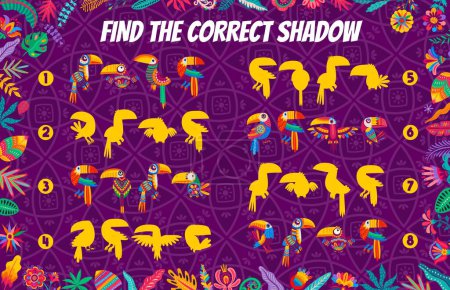 Ilustración de Encontrar sombra correcta de dibujos animados brasileños y mexicanos personajes de aves tucanes en la selva, concurso de vectores para niños. Encontrar y emparejar misma silueta o pájaros tropicales, juego del acertijo o hoja de trabajo del rompecabezas - Imagen libre de derechos
