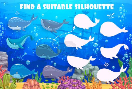 Illustration for Cartoon underwater landscape. Find a correct silhouette of whale and sperm whale characters. Kids vector shadow match game worksheet, children logic activity, preschool or kindergarten education page - Royalty Free Image
