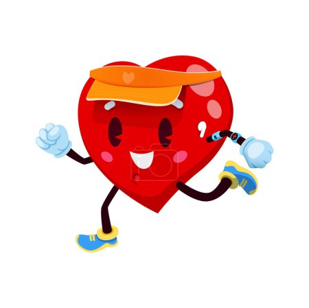 Illustration for Cartoon running heart character, vector sport exercises. Healthy human heart personage jogging or running with sneakers, fitness tracker, wireless headphones and visor hat. Happy human organ emoticon - Royalty Free Image