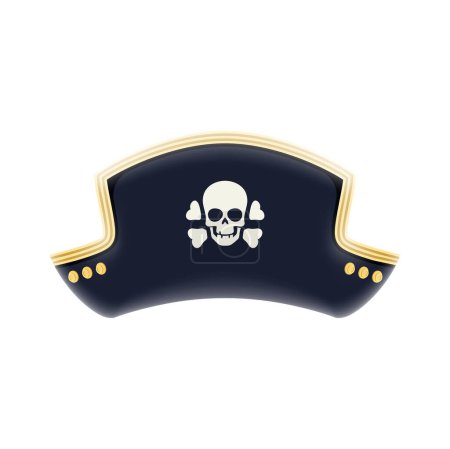 Illustration for Cartoon pirate captain tricorn cocked hat. Pirate costume accessory, corsair classic headgear or filibuster clothing vector element. Privateer isolated hat with Jolly Roger human skull and bone symbol - Royalty Free Image