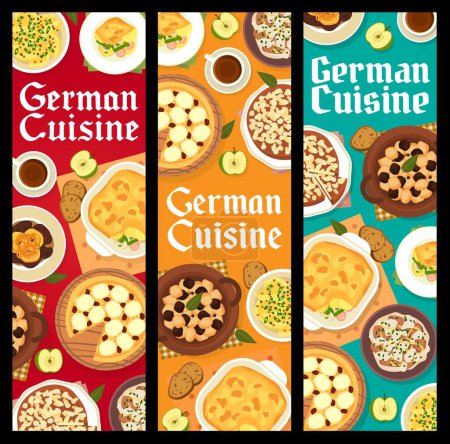 Illustration for German cuisine meals banners, Germany food fishes vector menu. German cuisine food cheese cake streusel, vegetable sausage casserole spaetzle and beef stew schnelklops with mustard potato salad - Royalty Free Image