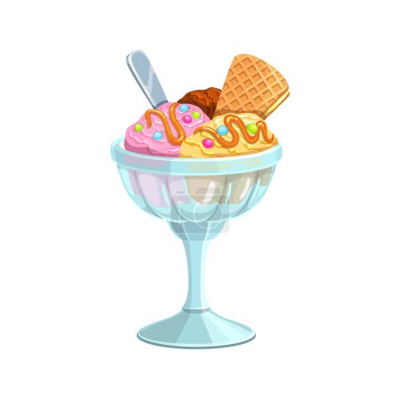 Illustration for Cartoon ice cream sundae dessert food in glass cup. Vector scoops of chocolate, strawberry and vanilla ice cream balls in bowl with waffle, caramel, sprinkles and spoon. Frozen yogurt, gelato dessert - Royalty Free Image