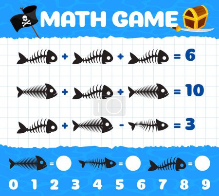 Illustration for Pirates, fish bone or fishbone skeletons math game worksheet. Vector mathematics riddle for children education and learning arithmetic equations. Development of calculation skills, puzzle task for kid - Royalty Free Image