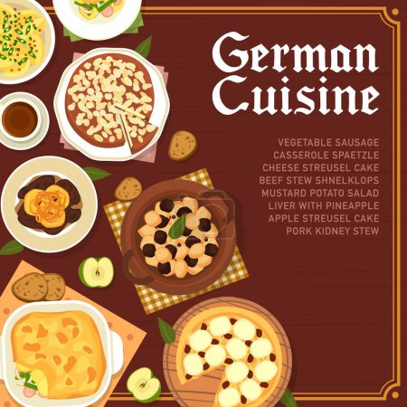Téléchargez les illustrations : Couverture de menu de cuisine allemande, cuisine allemande et plats traditionnels, vecteur. Cuisine allemande nourriture foie avec salade d'ananas et de moutarde, ragoût de rognons de porc et saucisse de légumes spaetzle - en licence libre de droit