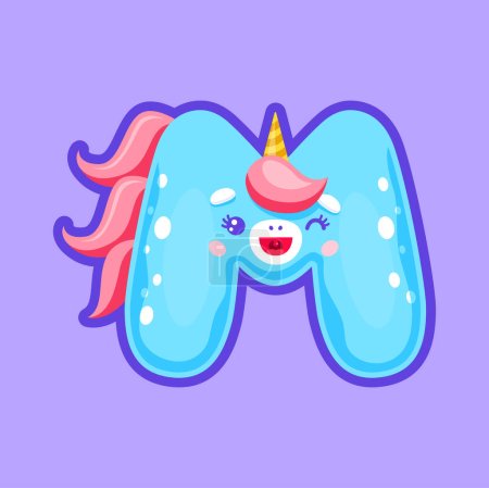 Illustration for M letter of unicorn alphabet sign, magic typeface kawaii animal in wig. Vector ABC sign, isolated English or Latin girls alphabet character - Royalty Free Image