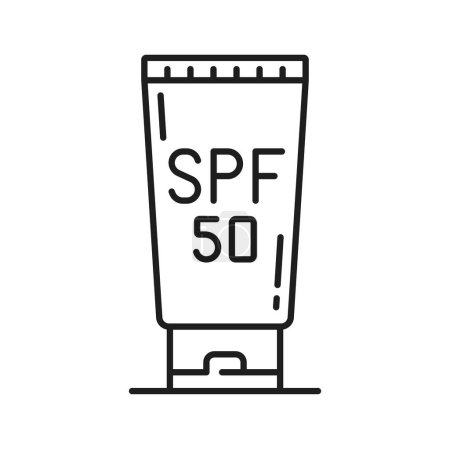 Illustration for Tube of SPF 50 sunscreen cosmetics, cream blocks the suns rays outline icon. Vector container of sunburn cosmetic, product for summer protection - Royalty Free Image