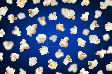 Illustration for Realistic flying popcorn background, fast food snack for cinema movie bar, 3D vector. Popcorn flakes splash on blue background, salty or sweet popcorn dessert ad template for cinema or movie theater - Royalty Free Image