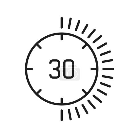 Illustration for Speed tracker on 30 minutes, deadline outline icon. Vector half hour or minute, sport stopwatch timer. Thin line countdown sign, training chronometer - Royalty Free Image