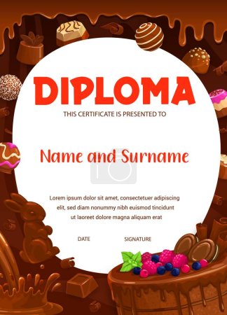 Illustration for Kids diploma. Milk chocolate, praline and fudge candy. Souffle, truffle and jelly, hazelnut bonbons on child achievement diploma, school children appreciation vector award or kid education certificate - Royalty Free Image