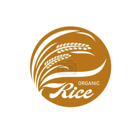 Ilustración de Icono de arroz, comida natural orgánica y signo de paquete, símbolo de productos biológicos vectoriales. Signo de cereales naturales de primera calidad de oreja de arroz y tallo en silueta circular para tienda de alimentos de granja o envasado de arroz - Imagen libre de derechos
