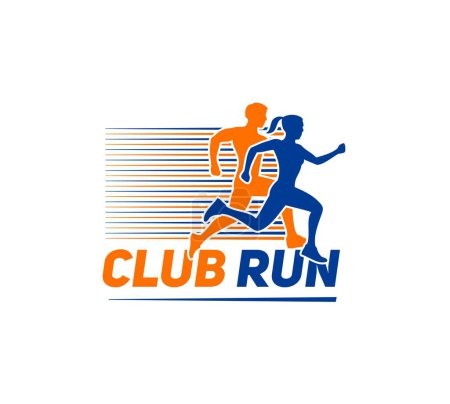 Illustration for Marathon run sport icon with vector silhouettes of runner or athlete. Man and woman running marathon or sprint tournament. Jogging people blue orange symbol of run sport club and foot race competition - Royalty Free Image