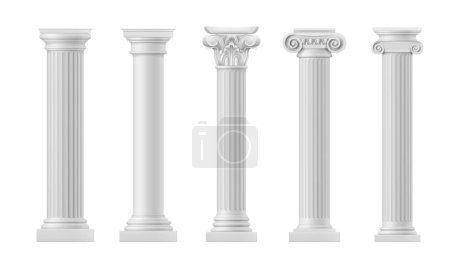 Ilustración de Columnas antiguas de mármol y pilares de elementos de arquitectura romana y griega. Vector columnas clásicas realistas de edificio antiguo o templo. Columnas de piedra blanca con capiteles ornamentados, grietas verticales - Imagen libre de derechos