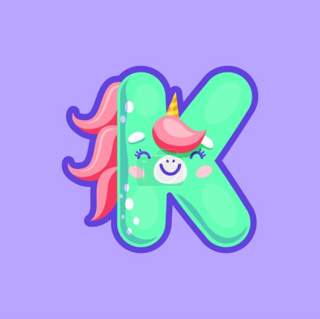 Illustration for K letter of unicorn alphabet sign, isolated ABC girls character in wig. Vector English or Latin alphabet magic typeface, funny unicorn type - Royalty Free Image