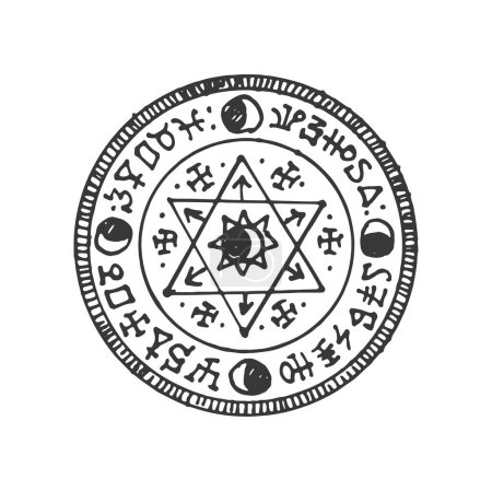 Ilustración de Amuleto esotérico, mandala, esbozo de pentagrama mágico círculo aislado talismán mágico. Vector misterio masón o amuleto masón, emblema esotérico - Imagen libre de derechos