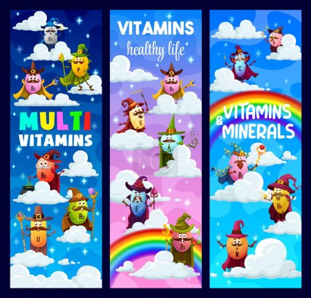 Téléchargez les illustrations : Cartoon vitamine magicien et personnages mage sur l'arc-en-ciel et les nuages. Des bannières de vie saine vectorielles pour enfants avec des personnages de capsules B12, P et B3, U, K et A, E, D, C, B1, B6 et N lancent des sorts - en licence libre de droit