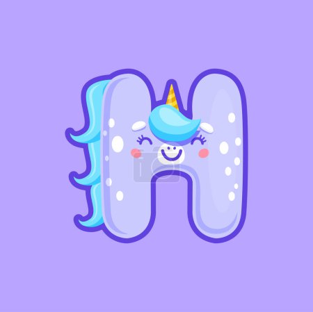 Illustration for H letter unicorn font, unicorn typeface with cute party animal in wig. Vector cute birthday ABC character, magic alphabet type - Royalty Free Image