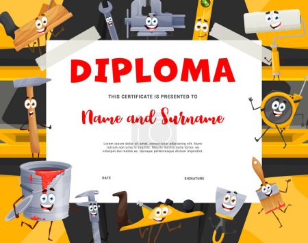 Illustration for Kids builder diploma cartoon construction and diy tool characters. Vector work appreciation certificate with vice, hammer, cutters and wrench, brush or bucket. Kindergarten achievement frame template - Royalty Free Image