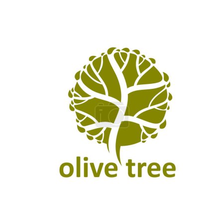 Illustration for Olive tree graphic symbol or icon. Environment and ecology, agriculture company or olive oil farm production vector symbol. Eco product, organic food icon or sign with green tree crown - Royalty Free Image