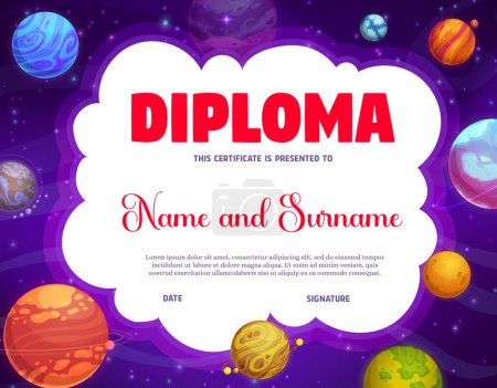 Illustration for Kids diploma, galaxy space planets and stars, vector education certificate for school or kindergarten. Alien fantasy galaxy and space planets with asteroids and meteorites for kids diploma background - Royalty Free Image