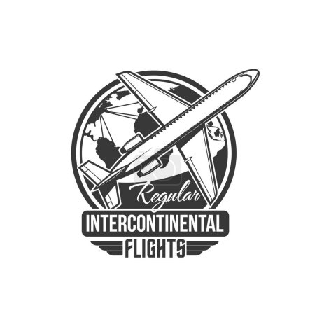 Illustration for Intercontinental flights icon. Airline flight company vintage emblem, world air travel retro symbol or aviation transportation service monochrome vector icon or sign with passenger airplane, globe map - Royalty Free Image