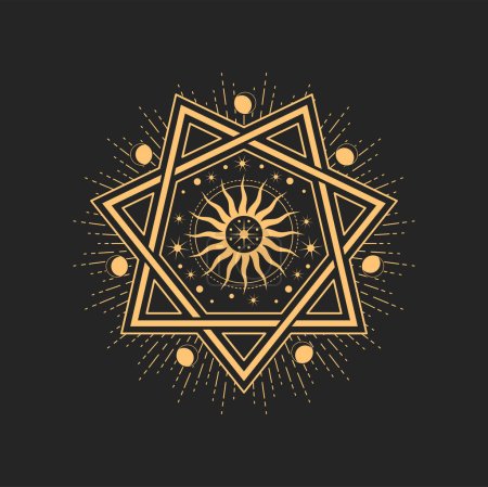 Esoteric and occult mason or tarot heptagram symbol. Vector septagram star with crescent moon and Sun inside. Astrological amulet, isolated tarot card sign spiritual magic talisman or wiccan emblem