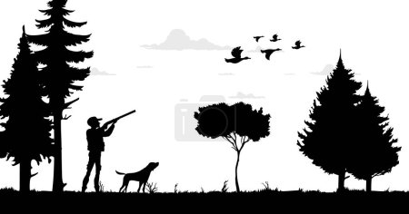 Illustration for Hunting silhouette, hunter with shotgun, ducks flock and hunting dog, vector background. Hunting season for ducks fowl, silhouette of hunter man with rifle and dog shooting flying wild birds - Royalty Free Image