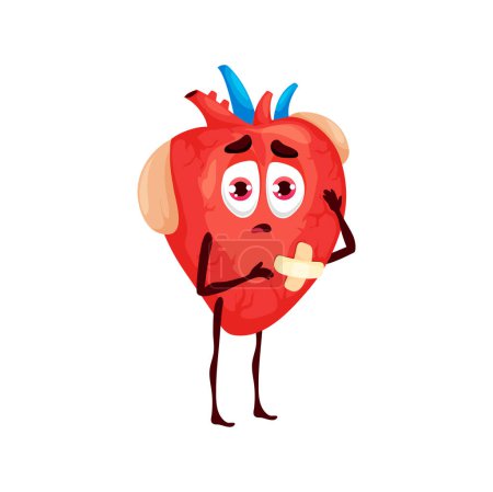 Ilustración de Carácter de órgano corporal enfermo del corazón. Dibujos animados vector anatómico poco saludable personaje del sistema cardiovascular con cara triste y yeso. Cardiología atención médica, daño, ataque, dolor, dolor, síntomas de la enfermedad - Imagen libre de derechos