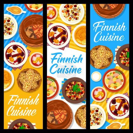 Illustration for Finnish cuisine restaurant meals banners. Salmon fish soup Lohikeitto, pudding with fruit soup and beet salad with herring, Lanttulaatikko, pie Kalakukko and Karelian rice pies, beet salad Rosolli - Royalty Free Image