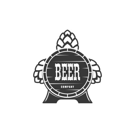 Illustration for Beer brewery icon of vector wooden barrel and hops. Old wooden barrel, vintage oak cask, keg or tank of alcohol drink. Beer or ale beverage wood container with legs isolated monochrome symbol - Royalty Free Image