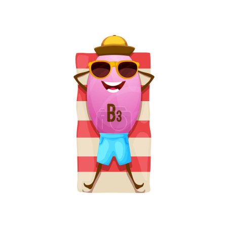 Illustration for Cartoon vitamin B3 sunbathing on beach. Isolated vector character nicotinic acid capsule in cap relaxing on mat. Smiling personage wearing sunglasses happily resting at tropical resort on holidays - Royalty Free Image