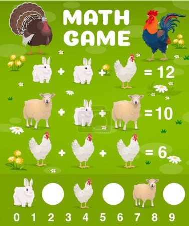 Illustration for Cartoon farm animals math game worksheet. Vector mathematics riddle for children education and learning arithmetic equations with rabbit, chicken and sheep on green field. Calculation puzzle kids task - Royalty Free Image