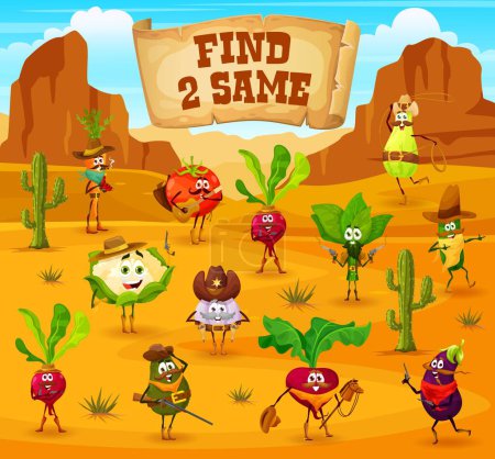 Illustration for Find two same vegetable cowboy, sheriff, ranger and bandit characters. Kids vector game worksheet with cartoon carrot, tomato, radish, spinach and squash. Cucumber, avocado, beetroot and eggplant - Royalty Free Image
