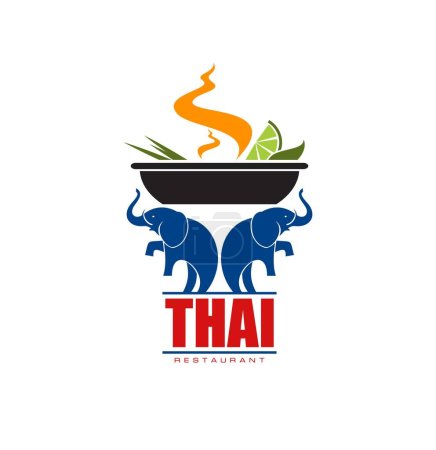 Ilustración de Icono de cocina tailandesa. Asia país turismo viaje gourmets, Tailandia restaurante culinario comida vector emblema, cocina tailandesa menú símbolo o signo con dos elefantes sosteniendo plato de sopa de fruta caliente - Imagen libre de derechos