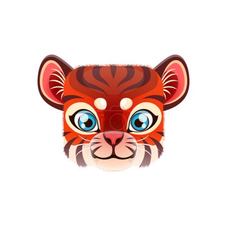 Téléchargez les illustrations : Caricature tigre kawaii carré visage animal. Louveteau prédateur isolé, portrait de bébé tigre vecteur à peau rayée. Habitat de jungle, bouton d'application en forme de cube, icône, élément de conception graphique - en licence libre de droit