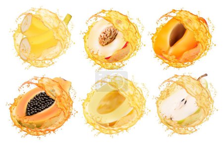 Illustration for Juice splash with banana, peach, pear and apricot, melon and papaya fruits. Realistic vector half juicy slices with fresh liquid swirls. Vitamin drink whirls, isolated beverage or cocktail splash - Royalty Free Image