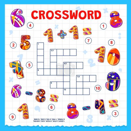 Illustration for Cartoon math numbers and digits, crossword grid to find word, vector quiz game. Kids crossword game worksheet to guess math numbers in multiplication or extraction equation, mathematics education quiz - Royalty Free Image