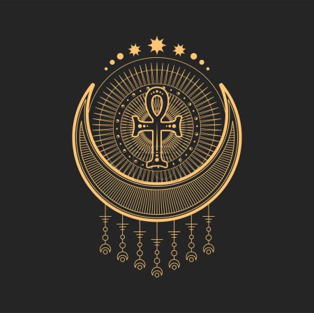 Illustration for Crescent and moon esoteric occult symbols, magic tarot. Vector talisman with Egyptian ankh cross inside of circle with stars. Alchemy sign, mystic mason symbolic, amulet or tattoo - Royalty Free Image